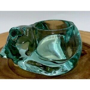 Vintage Indiana Glass Green Sleeping Kitty Cat Candle Holder Feline Kitten